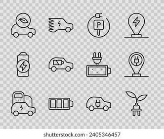 Set line Electric car, saving plug in leaf, Charging parking electric, Battery charge, Eco,  and  icon. Vector