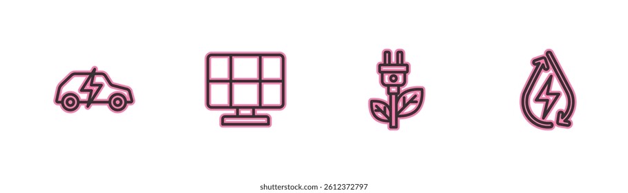 Set line Electric car, saving plug in leaf, Solar energy panel and Water icon. Vector