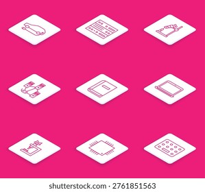 Set line Electric car, Server, Data, Web Hosting, Test tube flask on fire, Computer network, User manual, Laptop, Microscope and Processor with microcircuits CPU icon. Vector