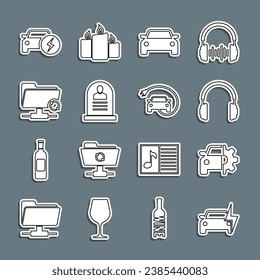 Set line Electric car, Car service, Headphones, Tombstone with RIP written, FTP sync refresh,  and  icon. Vector