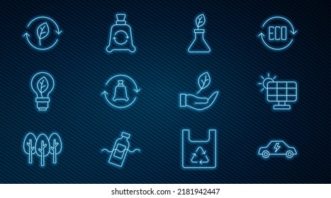 Set line Electric car, Solar energy panel, Plant breeding, Garbage bag with recycle, Light bulb leaf, Recycle symbol, Leaf hand and  icon. Vector