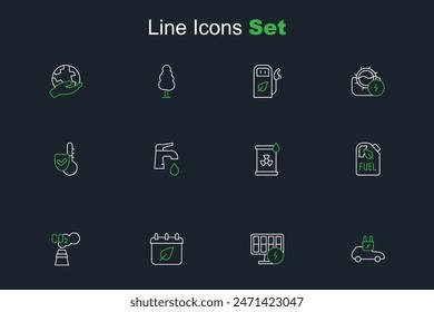 Set line Electric car, Solar energy panel, Calendar with autumn leaves, CO2 emissions in cloud, Bio fuel canister, Radioactive waste barrel, Water tap and Thermometer icon. Vector
