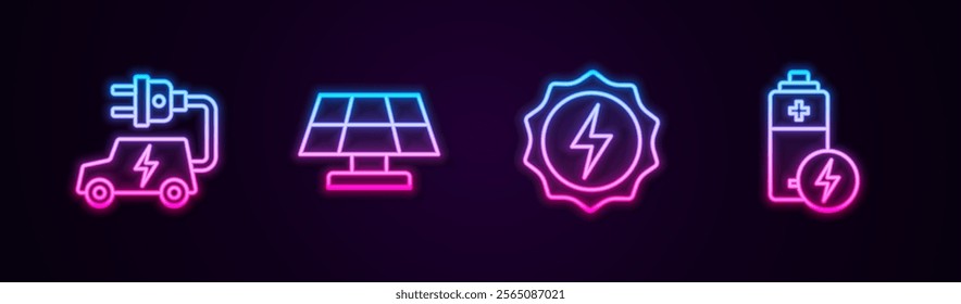 Set line Electric car, Solar energy panel, Lightning bolt and Battery. Glowing neon icon. Vector