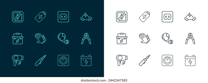 Set line Electric car, Soldering iron, Global energy planet with plug, Power button, glove, Electrical outlet, No lightning and Battery charge icon. Vector