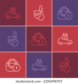 Set line Electric car, Water mill and Thermometer icon. Vector