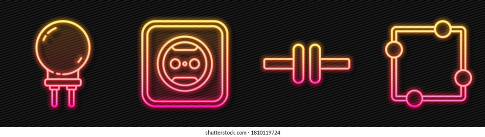 Ajuste de línea Sistema de circuito eléctrico, diodo emisor de luz, toma eléctrica y circuito eléctrico. Icono de neón brillante. Vector