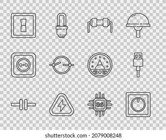 Set line Electric circuit scheme, light switch, Resistor electricity, High voltage, Processor with microcircuits CPU and USB cable cord icon. Vector