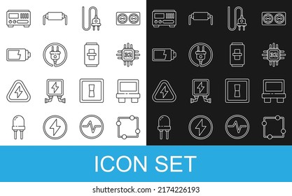 Set line Electric circuit scheme, Fuse, Processor with microcircuits CPU, plug, Battery charge level indicator, Electrical measuring instruments and light switch icon. Vector