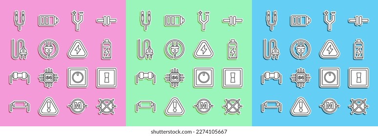 Set line Electric circuit scheme, light switch, Battery, cable, plug, Audio jack and High voltage icon. Vector