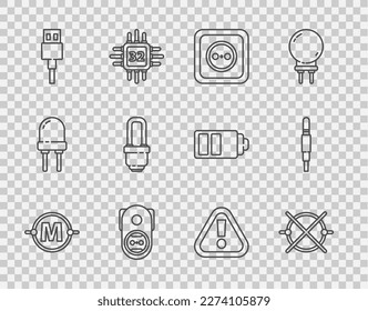 Set-Line Elektrische Schaltung, elektrische Steckdose, USB-Kabel, LED-Glühbirne, Ausrufezeichen im Dreieck und Audio-Buchse Symbol. Vektorgrafik