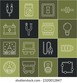 Set-line Stromkreis-Schema, Batterieaufladungsanzeige, Leuchtstofflampe mit Ideenkonzept, Lichtschalter, Kabel, Autobatterie, Audio-Buchse und Prozessor-Mikrokreislauf-Symbol. Vektorgrafik