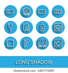 Set line Electric circuit scheme, Electrical panel, Battery charge level indicator, Ampere meter, multimeter, voltmeter, light switch, plug, outlet and  icon. Vector