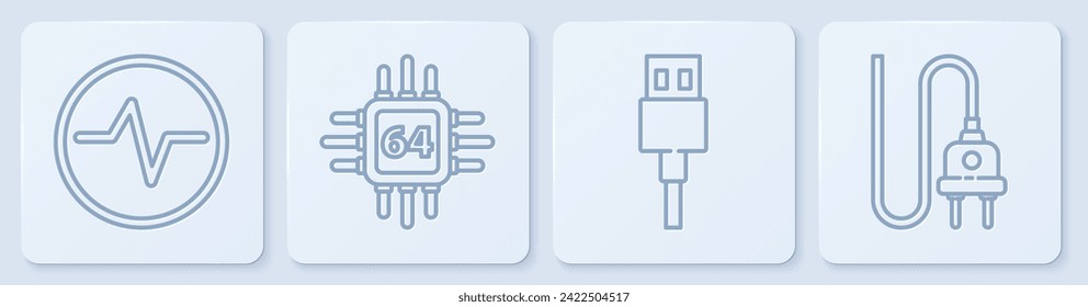Set line Electric circuit scheme, USB cable cord, Processor with microcircuits CPU and Electric plug. White square button. Vector