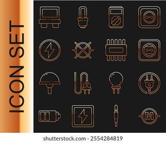 Set line Electric circuit scheme, plug, Electrical outlet, Multimeter, Lightning bolt, Fuse and Processor with microcircuits CPU icon. Vector