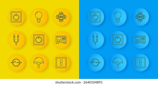 Set line Electric circuit scheme, Audio jack, light switch, Electrical measuring instruments, Processor with microcircuits CPU and Light bulb concept of idea icon. Vector