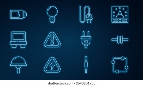 Set line Electric circuit scheme, plug, Exclamation mark in triangle, Fuse, Battery charge level indicator,  and Light bulb with concept of idea icon. Vector