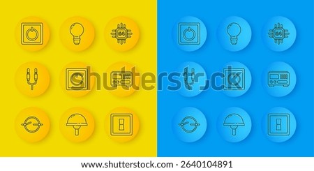 Set line Electric circuit scheme, Audio jack, light switch, Electrical measuring instruments, Processor with microcircuits CPU and Light bulb concept of idea icon. Vector