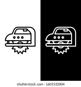 Set line Electric circular saw with steel toothed disc icon isolated on black and white background. Electric hand tool for cutting wood or metal.  Vector Illustration