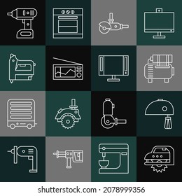 Línea Electric sierra circular, mezclador, compresor de aire, molinador de ángulos, radio, grapadora de construcción, destornillador inalámbrico e icono Smart Tv. Vector