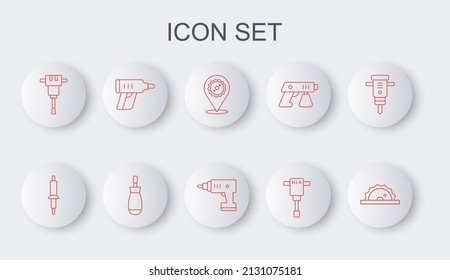 Set line Electric circular saw, Soldering iron, Circular blade, Construction jackhammer, cordless screwdriver, Screwdriver and icon. Vector