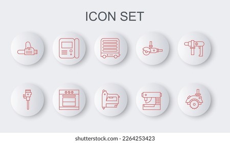 Línea Electric sierra circular, jackhammer de construcción, calentador, máquina de coser, Chainsaw, sistema de intercomunicación de la casa, Horno e icono de grapadora de construcción. Vector