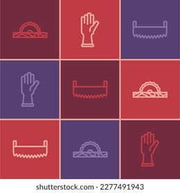 Fijar línea Viñeta eléctrica circular, icono de guantes con dos manos y guantes protectores. Vector