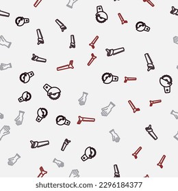 Set line Electric circular saw, Hand, Protective gloves and  on seamless pattern. Vector