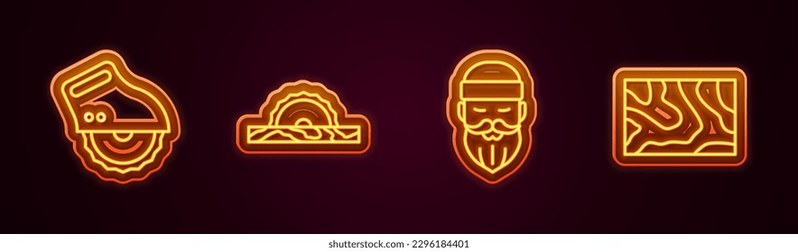 Set line Electric circular saw, Lumberjack and Wooden beam. Glowing neon icon. Vector