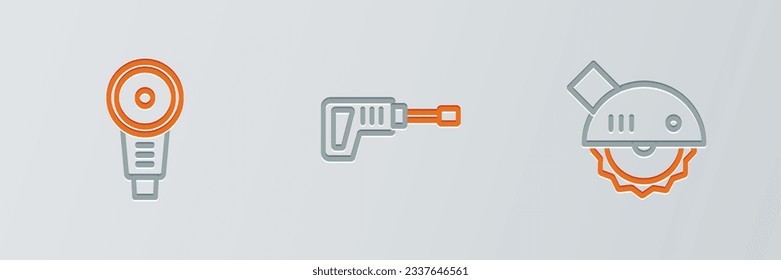 Set line Electric circular saw, Angle grinder and Rotary hammer drill machine icon. Vector