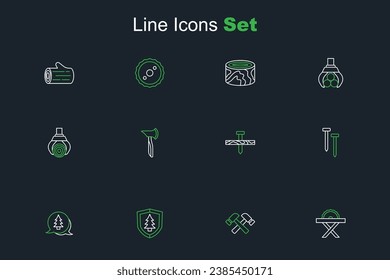 Set line Electric circular saw, Crossed hammer, Shield with tree, Tree, Metallic nails, Wooden axe and Grapple crane grabbed log icon. Vector