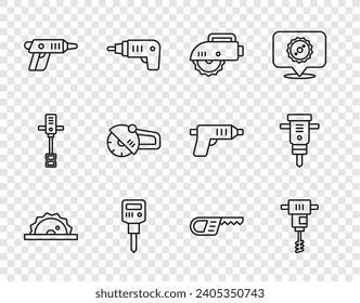 Set line Electric circular saw, Electrical hand concrete mixer, Construction jackhammer, cordless screwdriver, Angle grinder, Reciprocating and  icon. Vector