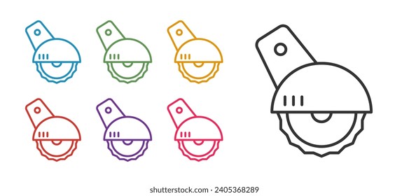 Set line Electric circular saw with steel toothed disc icon isolated on white background. Electric hand tool for cutting wood or metal. Set icons colorful. Vector