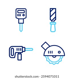 Set line Electric circular saw, drill machine, Rasp metal file and Construction jackhammer icon. Vector