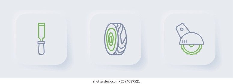 Set line Electric circular saw, Tree rings and Chisel tool icon. Vector