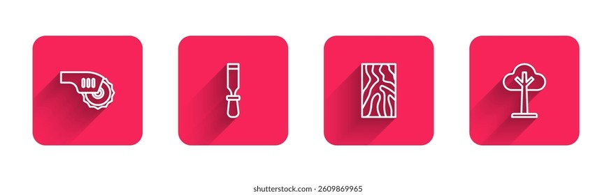 Set line Electric circular saw, Chisel tool, Wooden beam and Tree with long shadow. Red square button. Vector