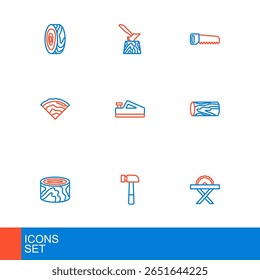 Set line Electric circular saw, Hammer, Wooden logs, beam, plane tool, Hand and axe in stump icon. Vector