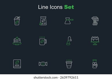 Set line Electric coffee grinder, Coffee cup to go, Candy, book, Cake, Tea bag,  and Piece cake icon. Vector