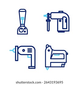 Linha Set Grampeador elétrico de construção, máquina de broca, martelo rotativo e ícone liquidificador. Vetor