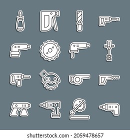 Set line Electric cordless screwdriver, Reciprocating saw, Electrical hand concrete mixer, Rasp metal file, Circular blade, sander, Screwdriver and jigsaw icon. Vector