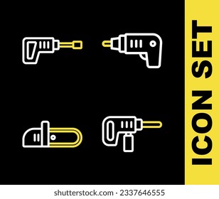 Fijar línea Destornillador inalámbrico eléctrico, máquina de perforación, icono de Chainsaw y martillo rotario. Vector