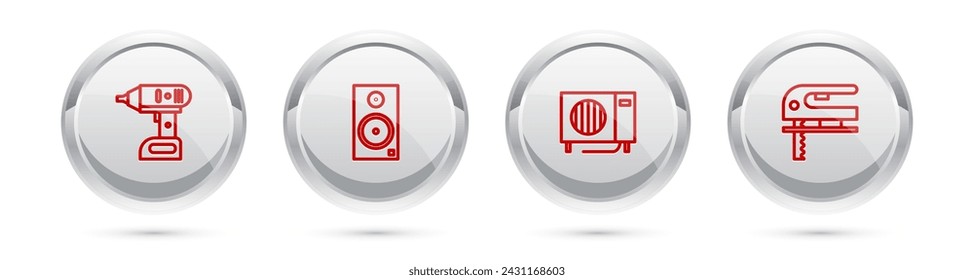 Set line Electric cordless screwdriver, Stereo speaker, Air conditioner and jigsaw. Silver circle button. Vector