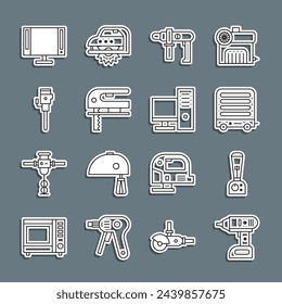 Destornillador inalámbrico eléctrico, licuadora, calentador, máquina de perforación, rompecabezas, martillo de construcción, Smart Tv y monitor de computadora icono. Vector
