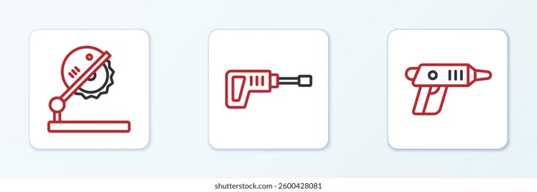 Set line Electric cordless screwdriver, Table saw for woodwork and Rotary hammer drill machine icon. Vector