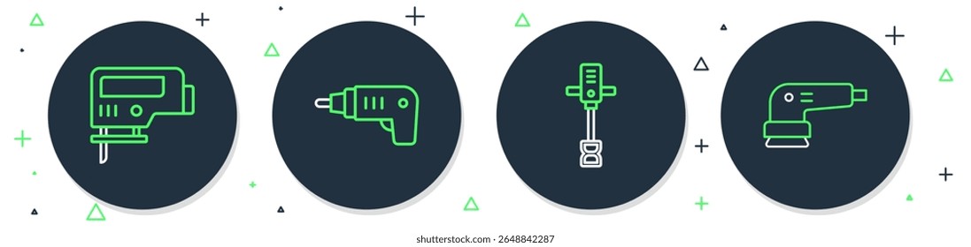 Definir linha Chave de fenda elétrica sem fio, Misturador de concreto manual elétrico, serra e ícone de lixadeira. Vetor