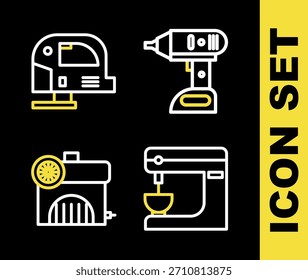 Set line Elektrischer Akku-Schraubendreher, Mischer, Luftkompressor und Puzzle-Symbol. Vektorgrafik