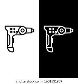 Set line Electric drill machine icon isolated on black and white background. Repair tool.  Vector Illustration