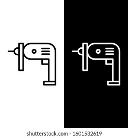 Set line Electric drill machine icon isolated on black and white background. Repair tool.  Vector Illustration