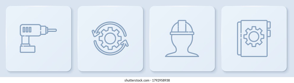 Set-Line Elektrische Bohrmaschine, Arbeiter-Sicherheitshelm, Getriebe und Pfeile als Workflow- und Benutzerhandbuch. Weißer Quadrat-Knopf. Vektorgrafik
