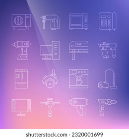 Fijar línea Máquina de perforación eléctrica, Limpiador de vacío, pistola de clavos, horno de microondas, monitor de computadora, destornillador inalámbrico, Aire acondicionado e icono de sierra de jigvia. Vector