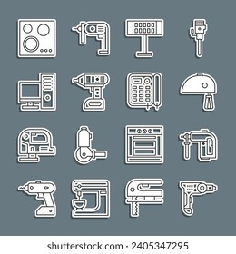Set line Electric drill machine, Rotary hammer, mixer, heater, cordless screwdriver, Computer monitor, Gas stove and Telephone icon. Vector